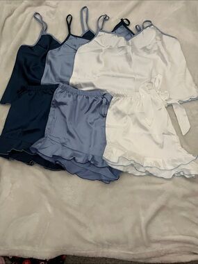 SHEIN Satin Ruffle Cami & Short Pajama Set - Navy, Light Blue, White